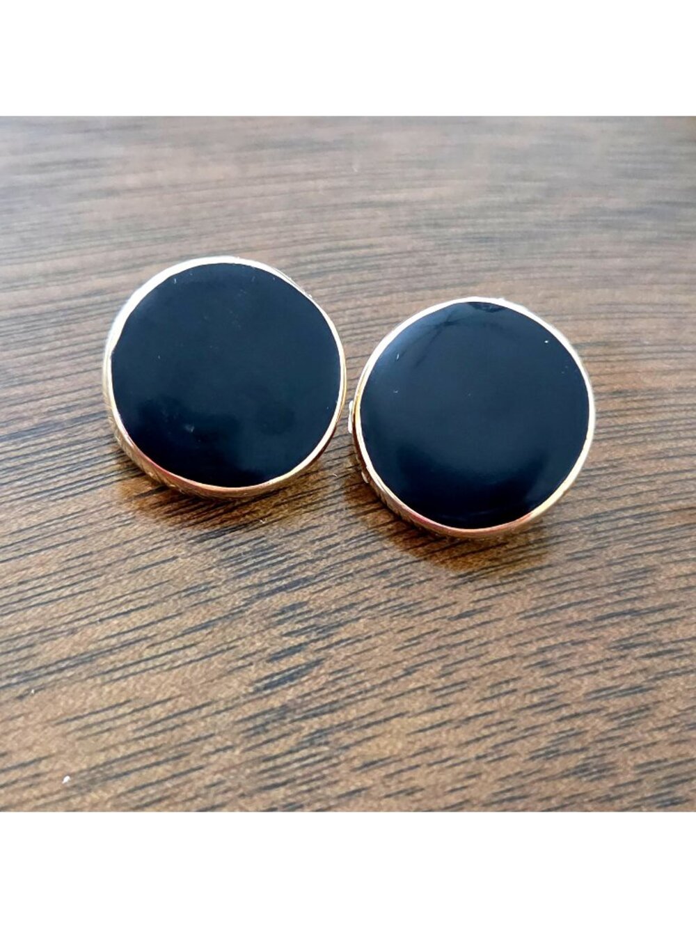 Vintage Gold Tone & Black Enamel 1" Round Button Clip On Earrings